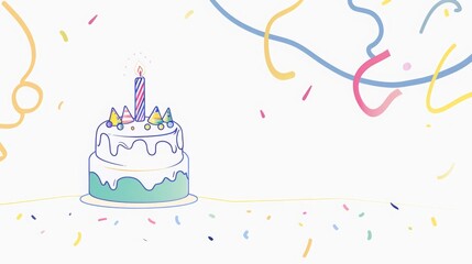Minimalistic single line drawing of a birthday cake with candle, simple flat art vector illustration on white background, high resolution, elegant and modern design for greeting cards and invitation.