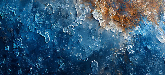 Abstract painting of blue and brown ice texture in a top view, resembling a satellite photo. The painting is done in the style of satellite imagery, showing patterns in ice and land from above.