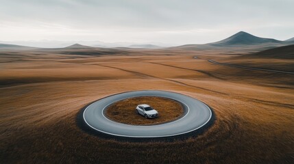 Car Driving in Circular Desert Road	