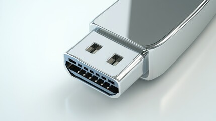 Detailed close-up of USB plug isolated on white, showing metallic connector