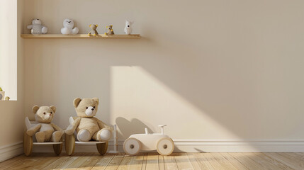 Photo of a minimalist children's room with light beige walls and wooden floor