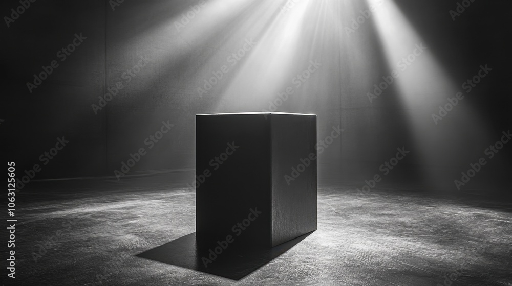 Poster a solitary black cube illuminated by dramatic lighting in an empty space, creating an atmosphere of 