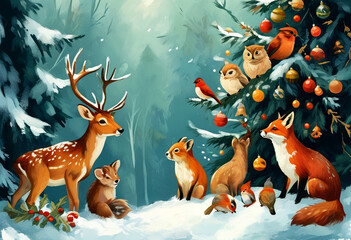 Fototapeta premium Magical winter gathering of woodland animals around a festive Christmas tree