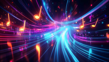 Obraz premium Abstract digital music background with glowing neon musical notes and light trails.