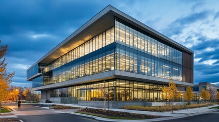 Contemporary office building with bold, geometric architecture and a mix of concrete and glass materials.