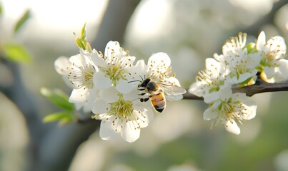 Obraz premium Bee pollinating a white flower, Generative AI 
