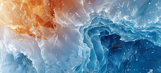Abstract painting of blue and brown ice texture in a top view, resembling a satellite photo. The painting is done in the style of satellite imagery, showing patterns in ice and land from above.