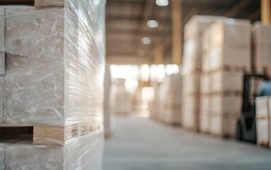 Stacked pallets wrapped in plastic inside a large warehouse, showing industrial storage and logistics