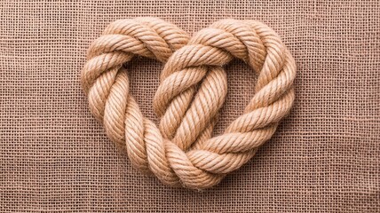 Closeup of rope heart with rough texture, arranged on burlap background, rustic style, burlap rope heart, 3D illustration