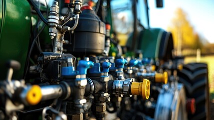 Fototapeta premium Hydraulic valve and pipe system of a tractor, showing engineering details in an agricultural setting.