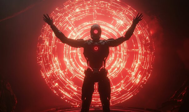 Silhouetted robot with arms raised before a red light portal.