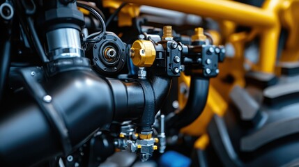 Hydraulic valves and pipes on a tractor, detailed view showing industrial craftsmanship.