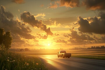 Fototapeta premium A pickup truck drives down a country road at sunset.