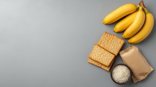 Closeup of a package of bland foods like crackers, rice, and bananas, suitable for sensitive stomachs, Bland foods for stomach relief, Soothing and practical