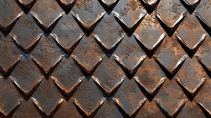 Rusted metal diamond plate texture with raised chevron pattern and aged finish. Minimal texture background for design. Stylish copy space