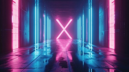 A futuristic hallway with pink and blue neon lights, featuring an illuminated X at the end.