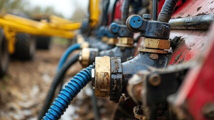 Machinery close-up of hydraulic valve systems in a farm setting, pipes coiled and secured.