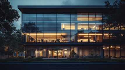 Obraz premium Night view of a modern office building with large windows, lights glowing from inside, showcasing an active work environment.