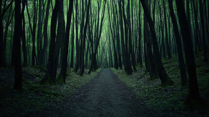 Pathway through dense forest with tall trees and lush green foliage creating a serene and natural landscape scene at daytime