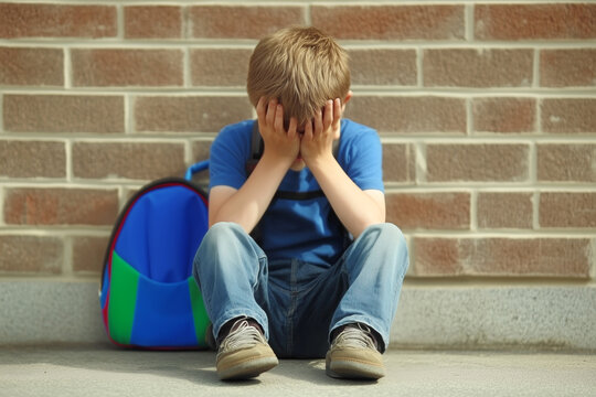 A young boy sits alone on the ground with his head in his hands, showing sadness after school