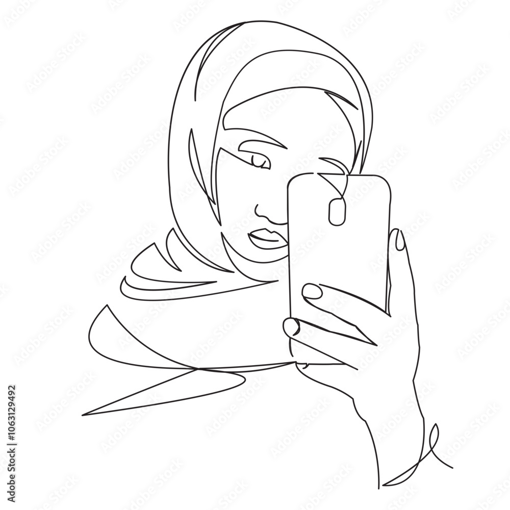 Canvas Prints One continuous single drawing line art doodle white wine, girl, female, phone, young, people, technology, fashion. Isolated flat illustration hand draw contour on a white background
