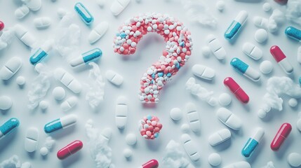 Medical question mark symbol filled with pills, set on a white background, representing health questions.