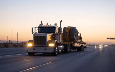 A powerful truck hauling large equipment down a highway at dusk, headlights illuminating the road