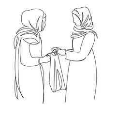 One continuous single drawing line art flat doodle muslim, store, female, girl, woman, shop, fashion, shopper. Isolated image hand draw contour on a white background
