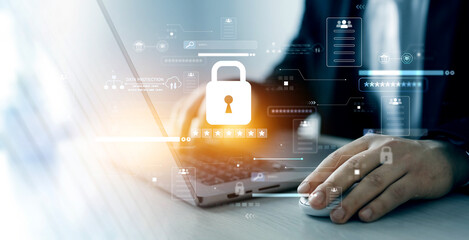 Protecting herself from cyber attacks. Documents confidentiality,cyber security protection concept. Software for security, searching and managing corporate document and employee information.	
