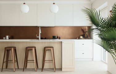 This modern kitchen showcases an elegant design with neutral tones that enhance its appeal
