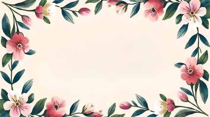 Beautiful floral border with pink and white flowers framing a blank space on a soft background