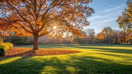 Fototapeta premium Lush Autumn Landscape with Shedding Leaves,Warm Sunlight,and Tranquil Atmosphere