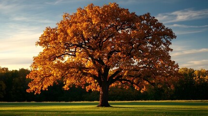 Majestic Autumn Tree Shedding Vibrant Orange Leaves on a Serene Countryside Meadow