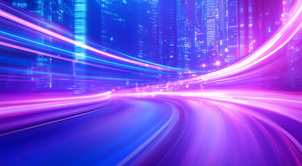 Night cityscape with light trails creating a sense of motion along a winding road