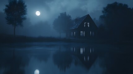 Fototapeta premium A Cabin with Lights on in a Foggy, Moonlit Forest