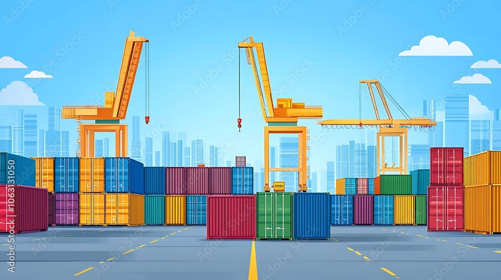 Poster a shipping container yard with cranes and containers, with space for text