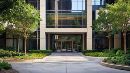 Tall office building with contemporary architecture, featuring clean lines, large windows, and a sophisticated entrance.