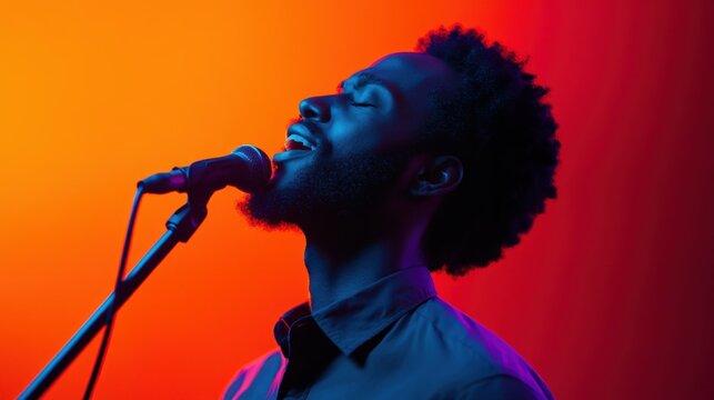 A young African American male singer performs on stage, bathed in vibrant blue and orange light, with a microphone in hand. He sings with passion and emotion, captivating the audience.