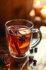 Hot Apple Cider: A glass mug of hot apple cider with apple slices, cinnamon sticks, and star anise floating on top. 