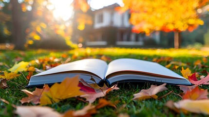 Open Sketchbook on Autumn Lawn with Colorful Leaves and Soft Morning Light