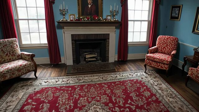 A red and white patterned rug sits in front of a fireplace in a colonial-style home