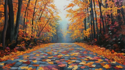 A beautiful autumn scene featuring a mountain road,