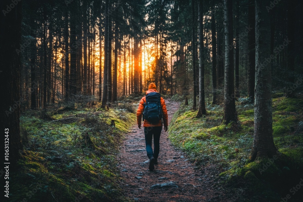 Aufkleber a hiker in an orange jacket strides into a sunset-lit forest path, embraced by the golden glow while