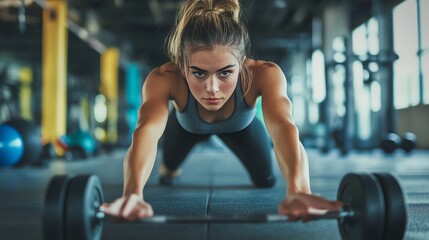 Fototapeta premium Young woman performing a barbell roll-out exercise at the gym.