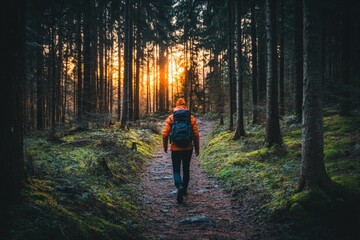 Obraz premium A hiker in an orange jacket strides into a sunset-lit forest path, embraced by the golden glow while surrounded by towering trees and the quiet of the woods.