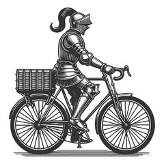 Obraz premium medieval knight in armor riding a bicycle, humorous style sketch engraving generative ai raster illustration. Scratch board imitation. Black and white image.
