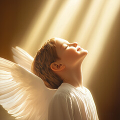 Naklejka premium A young child with angel wings enjoying a moment of peace under soft rays of sunlight indoors