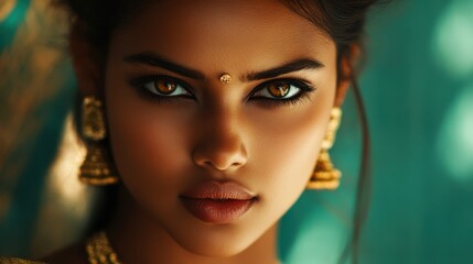 A beautiful Indian woman with striking eyes, gazing softly