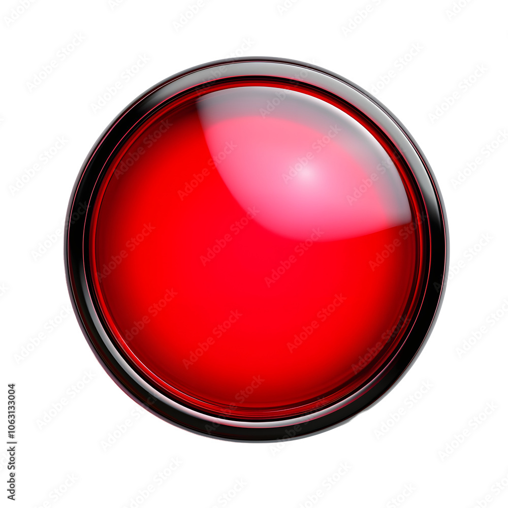 Poster red circle button with glowing red light isolated on white background.