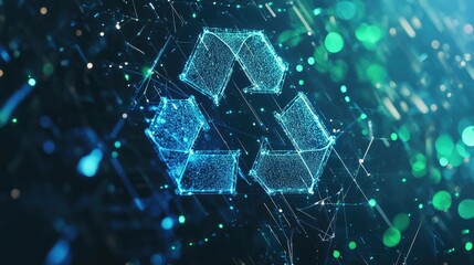 Technology-inspired recycling symbol on a plexus background with blue and green highlights.